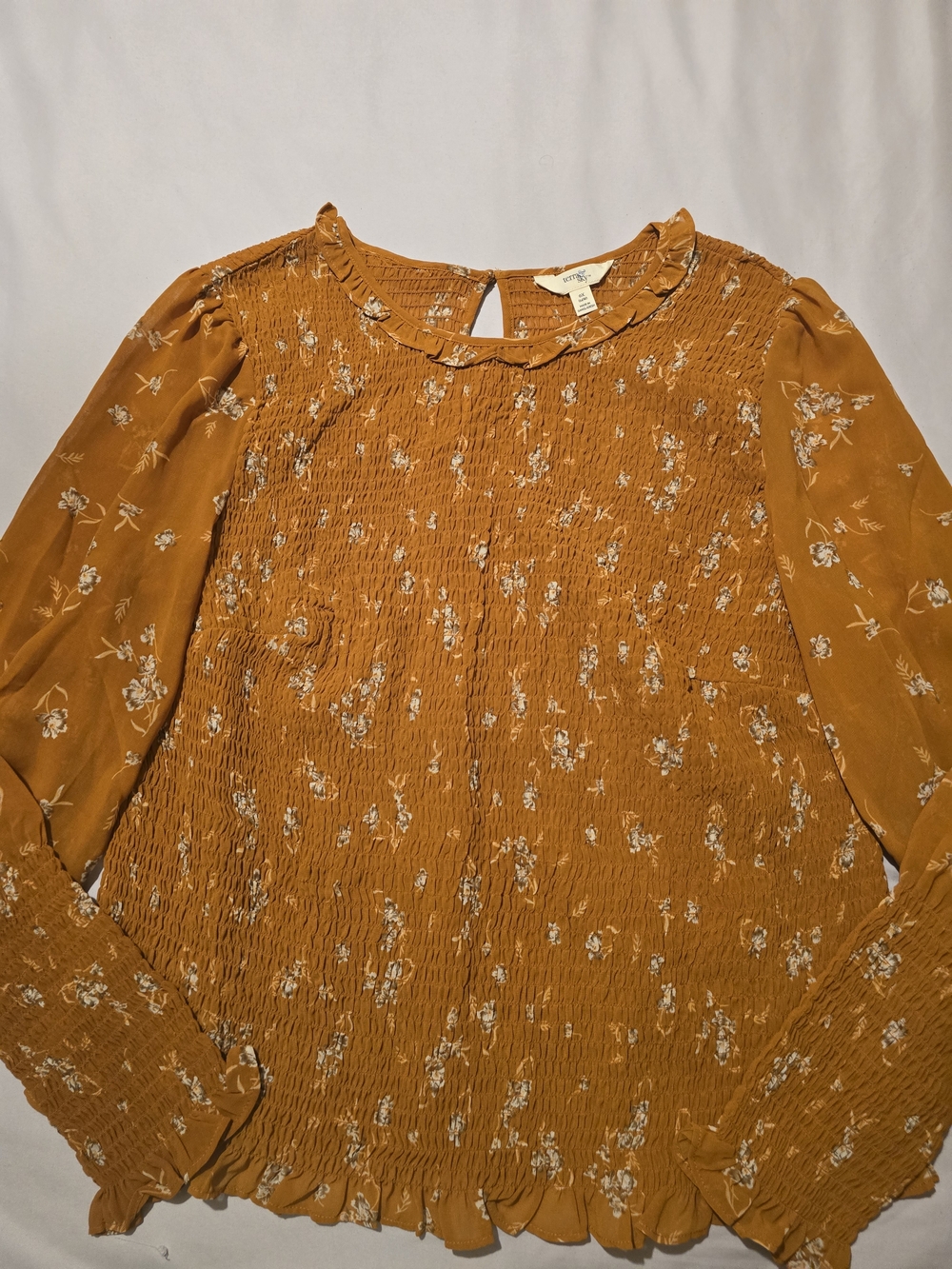 Terra & Sky Mustard Floral Smocked Long-Sleeve Blouse Size OX/14W